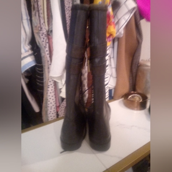 Tory Burch Goth Tall calf length rubber rain combat boots black gold lace up - Picture 8 of 16